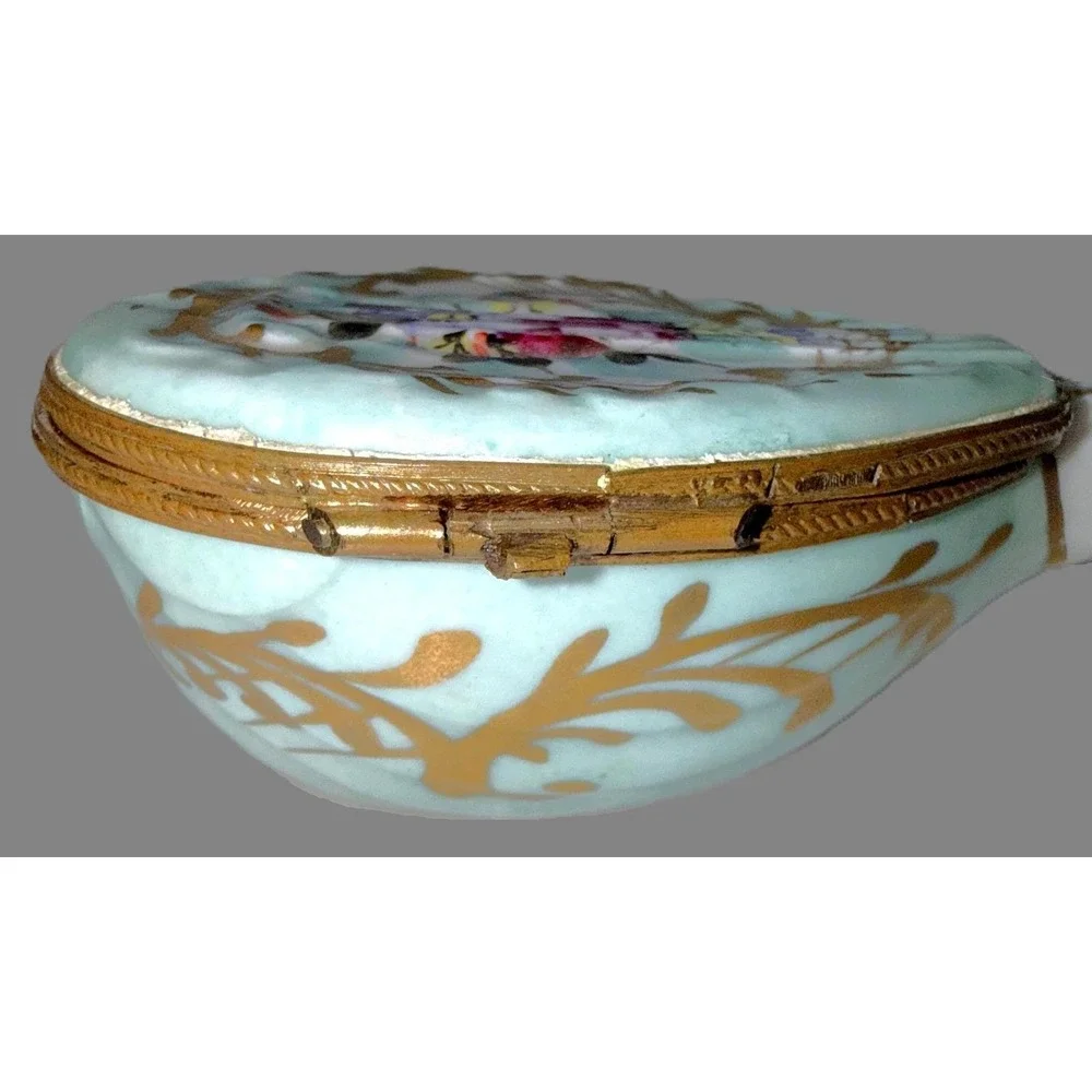 Antique Sevres Style Porcelain Mandolin Trinket Box Hand Paint Hinged Snuff Pill